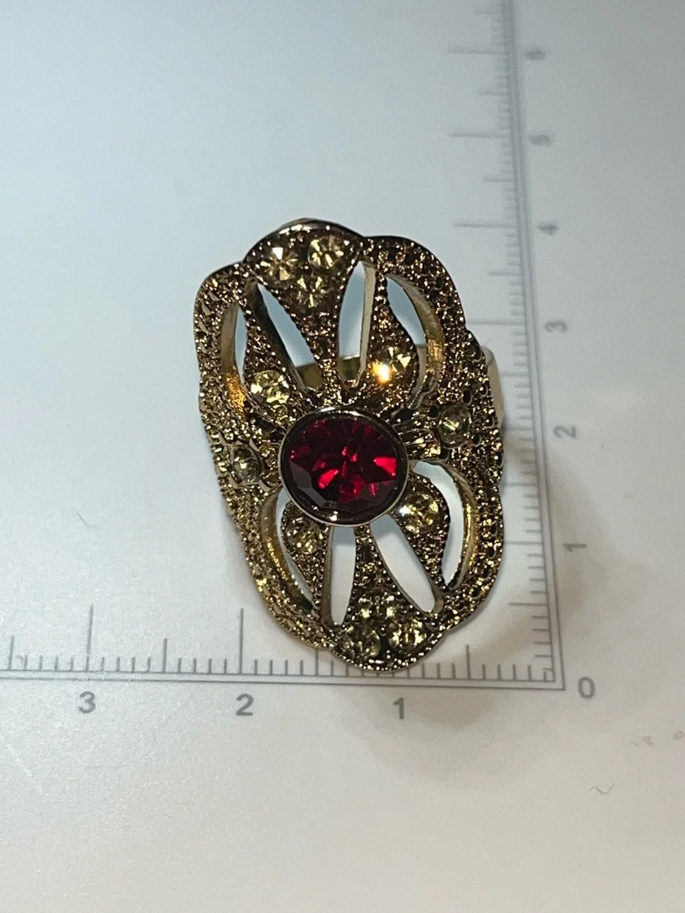 Vintage Gold Tone Statement Ring Red Crystal Rhinestone Cocktail Ring Size 8.25